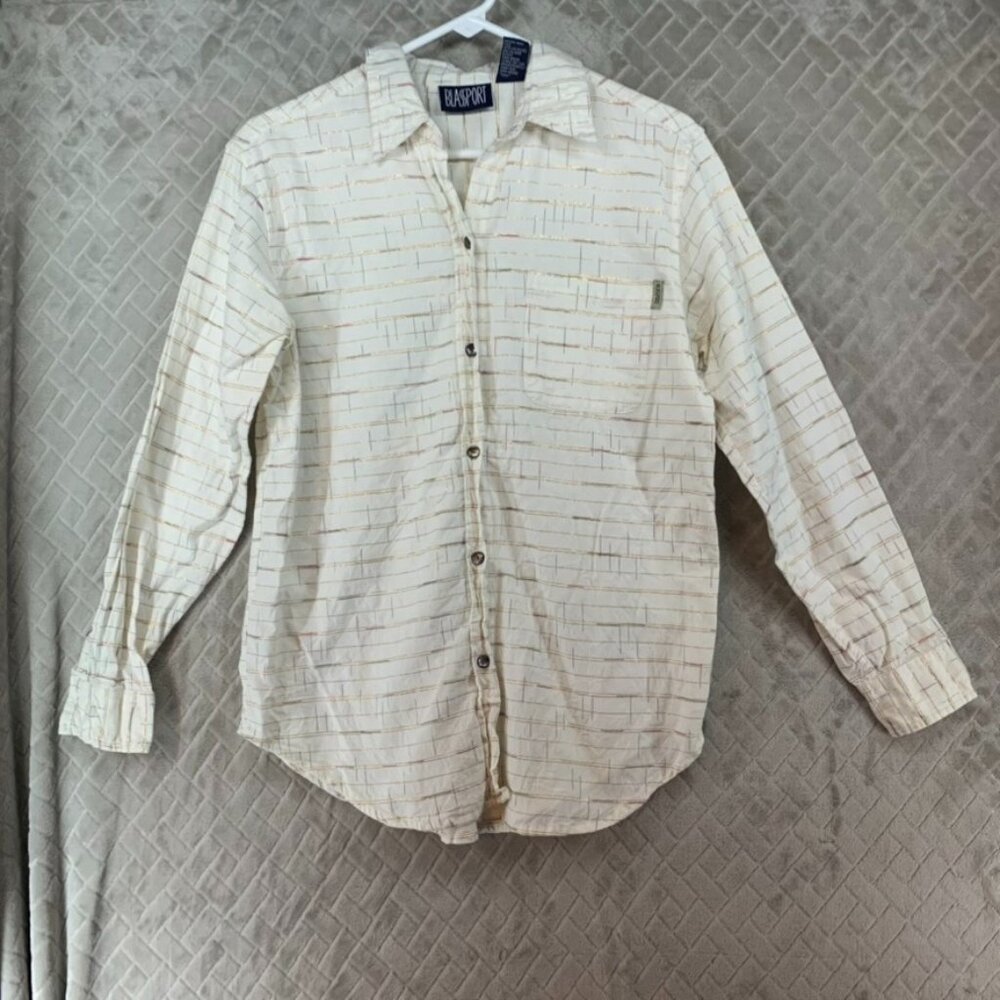 Blassport Shirt Womens S Cream White Plaid Metallic Button Up Long Sleeve Office